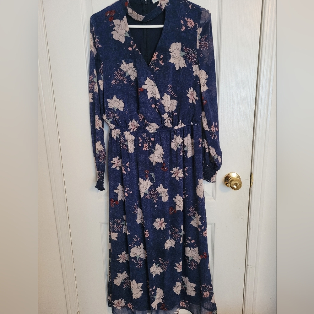 Love Fire Blue and White Buttoned Floral Sundress with Bishop Sleeves